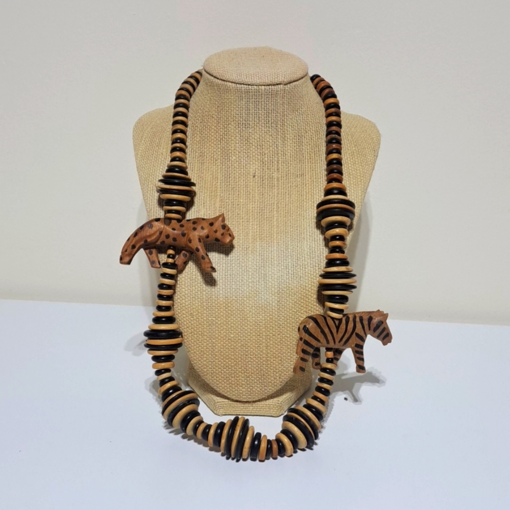 African Wood Bead Tribal Necklace Leopard Zebra